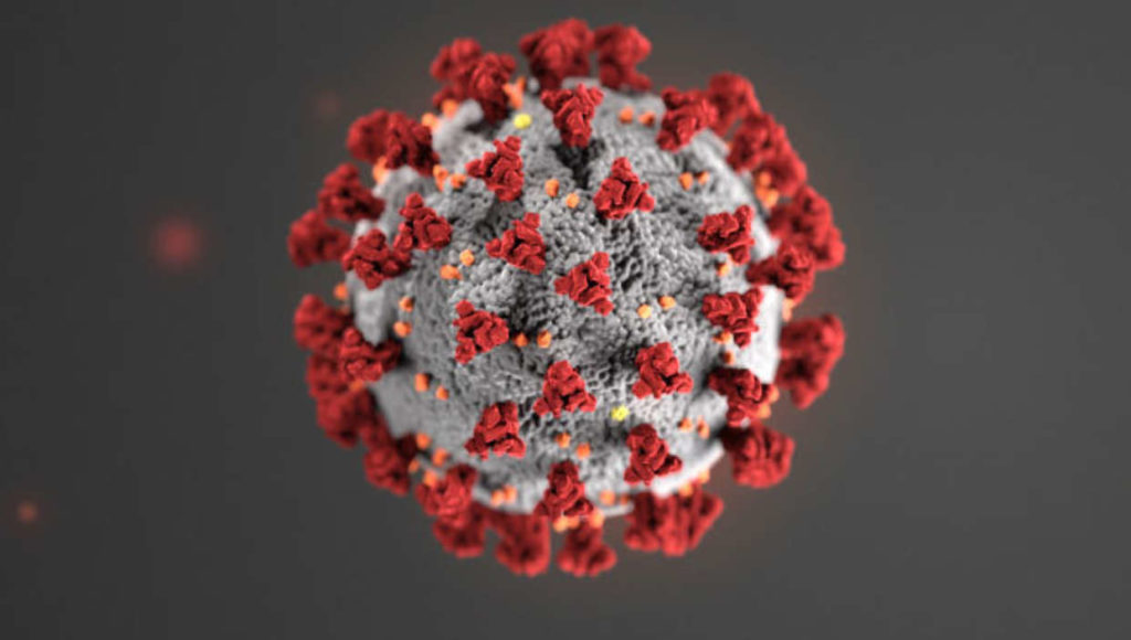A 3D illustration of the coronavirus (COVID-19) shows a gray sphere with red spike proteins and small yellow-orange accents on its surface, set against a dark background.